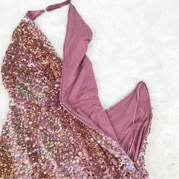 FREE PEOPLE Pink Velvet Sequin Party Dress Midi Maxi Halter Neck Size Medium New - Picture 10 of 15